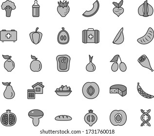 Thin line gray tint vector icon set - measuring bottle for feeding vector, bag of a paramedic, medical, estimate, cheese, loaf, mushroom, plate fruit, grill chicken leg, garlic, sandwich, quince