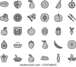 Thin line gray tint vector icon set - onion vector, a bowl of buckwheat porridge, hot, barbecue, piece meat, peper, garlic, sushi set, glass tea, bottle soda, peach, apple, pear, tasty, plum, melon
