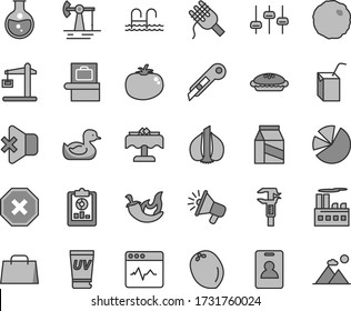 Thin line gray tint vector icon set - mark of injury vector, rubber duck, packing juice with a straw, stationery knife, cardiogram, no sound, package, spaghetti, pie, cabbage, tomato, chili, coconut