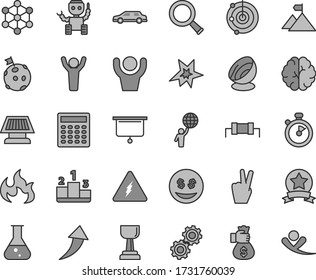 Thin line gray tint vector icon set - pedestal vector, flask, electricity, zoom, brain, gears, flame, calculator, radar, robot, sun panel, satellite antenna, presentation board, stopwatch, 3d cube
