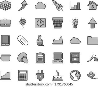 Thin line gray tint vector icon set - sign of the planet vector, clip, wicker pot, upward direction, calculator, bedside table, children's potty, chair, cake, hook, plastic brush, pile, porcini