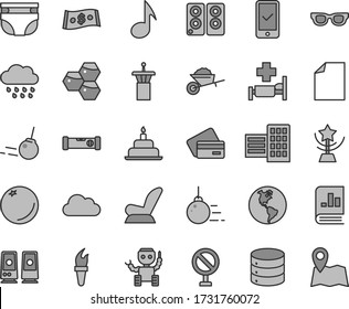 Thin line gray tint vector icon set - prohibition vector, clean sheet of paper, nappy, car child seat, rainy cloud, birthday cake, big core, garden trolley, construction level, city block, data, map