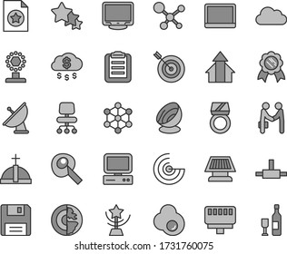 Thin line gray tint vector icon set - fried egg vector, computer, notebook pc, monitor, connect, floppy, lan connector, chair, cloud, molecule, clipboard, artifical insimination, radar, earth core