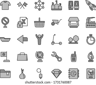 Thin line gray tint vector icon set - prohibition vector, left direction, grocery basket, folder bookmark, bath, child Kick scooter, building trolley, plummet, timer, globe, address book, T shirt