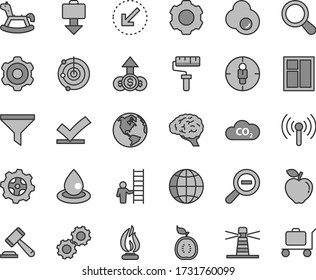 Thin line gray tint vector icon set - paint roller vector, hammer of a judge, zoom out, rocking horse, cogwheel, window, left bottom arrow, earth, fried egg, red apple, half guawa, gear, drop oil