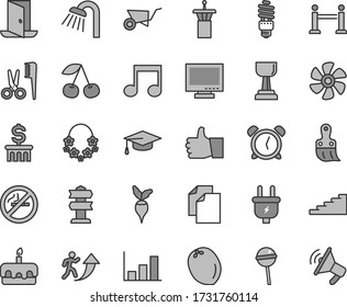 Thin line gray tint vector icon set - monitor vector, alarm clock, clean paper, accessories for a hairstyle, building trolley, plastic brush, shower, thumb up, torte, Chupa Chups, cherry, coconut