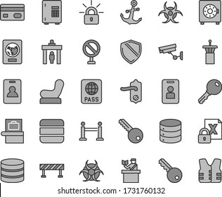Thin line gray tint vector icon set - prohibition vector, Baby chair, key, door knob, road fence, anchor, passport, big data, strongbox, reverse side of a bank card, encrypting, biohazard, identity