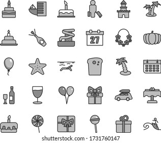 Thin line gray tint vector icon set - daily calendar vector, colored air balloons, balloon, cake, birthday, gift, Easter, torte, Chupa Chups, lollipop, glass, pumpkin, wall, giftbox, sand castle