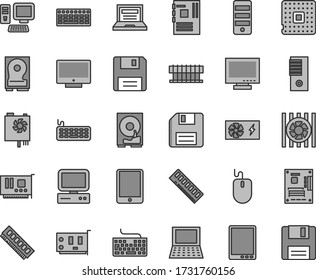 Thin line gray tint vector icon set - floppy disk vector, laptop, monitor, keyboard, screen, processor, computer, tablet pc, notebook, radiator fan, mouse, power supply, tower, motherboard, memory
