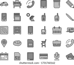 Thin line gray tint vector icon set - tassel vector, desktop microphone, calendar, bank card, rss feed, toy phone, mobile, a chair for feeding child, concrete mixer, smartphone, nightstand, call, sd