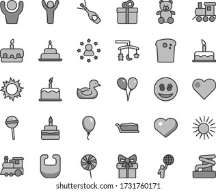 Thin line gray tint vector icon set - heart symbol vector, toys over the cradle, bib, rubber duck, teddy bear, baby toy train, children's, colored air balloons, balloon, cake, birthday, gift, Easter