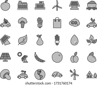 Thin line gray tint vector icon set - saving light bulb vector, drop, porcini, cabbage, apple, pear, yellow lemon, delicious, peas, broccoli, solar panel, big, leaves, leaf, windmill, wind energy