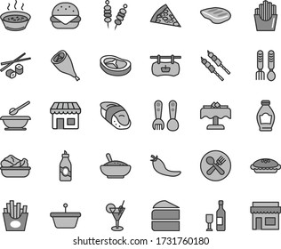 Dünne Linie graue Tint Vektor-Zeichensatz - Platten und Löffel Vektor, Kunststoff Gabel, Bügeleisen, gebratenes Gemüse auf Stöcken, Stück Pizza, großer Burger, Kuchen, Kuchen, ein Schüssel Reis Haferbrei, in Saucepan, Speck, Chop
