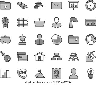 Juego de iconos de vectores de tonos grises de línea delgada - vector de casa, signo del planeta, cara de reloj, mujer, gráfico circular, histograma negativo, marcador de carpeta, carga, carro de jardín, escalera, clave, empleado, diagrama de flujo