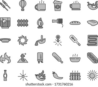 Thin line gray tint vector icon set - electronic thermometer vector e, mercury, heating coil, temperature, radiator, new, boiler, coffee, loaf, Hot Dog, mini, noodles, porridge, chop, barbecue, sun