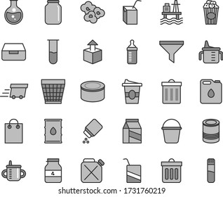 Thin line gray tint vector icon set - wicker pot vector, bin, mug for feeding, measuring cup, bottle, baby powder, e, packing of juice with a straw, bucket, dust, drawer, package, unpacking, tin