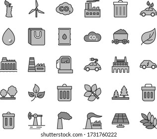 Thin line gray tint vector icon set - bin vector, dust, drop, bag with handles, apple stub, solar panel, working oil derrick, leaves, leaf, gas station, windmill, manufacture, factory, trees, forest