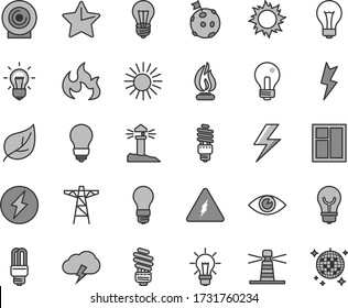 Thin Line Gray Tint Vector Icon Set - Lightning Vector, Matte Light Bulb, Incandescent Lamp, Window, Saving, Star, Eye, Storm Cloud, Lens, Leaf, Power Pole, Energy, Mercury, Lighthouse, Coastal, Sun