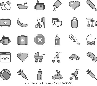 Thin line gray tint vector icon set - heart symbol vector, mark of injury, toys over the cradle, cot, mug for feeding, measuring cup, bottle, powder, baby, stroller, carriage, summer, sitting, comb