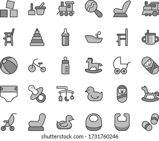 Thin line gray tint vector icon set - toys over the cradle vector, dummy, mug for feeding, bottle, measuring, diaper, bib, baby, beanbag, chair, car child seat, stroller, summer, rubber duck, a