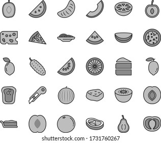 Thin line gray tint vector icon set - stationery knife vector, piece of cheese, pizza, slices onion, cake, slice, bacon, meat, cucumber, orange, sandwich, plum, water melon, delicious, half peach