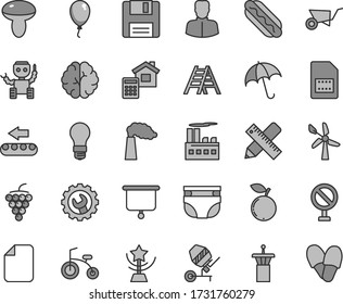 Thin line gray tint vector icon set - prohibition vector, nappy, balloon, child bicycle, building trolley, concrete mixer, ladder, writing accessories, estimate, gear, umbrella, Hot Dog, mushroom