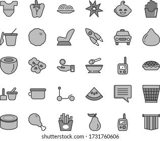 Thin line gray tint vector icon set - image of thought vector, wicker pot, Child T shirt, car seat, toy phone, mobile, sand set, children's, deep plate with a spoon, potty, funny hairdo, onion, fig