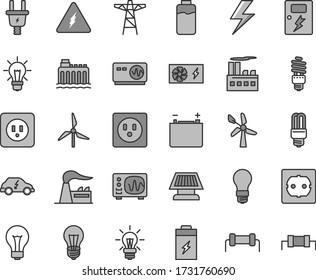 Thin line gray tint vector icon set - lightning vector, matte light bulb, power socket type b, f, dangers, charge level, charging battery, windmill, wind energy, factory, accumulator, pole, saving