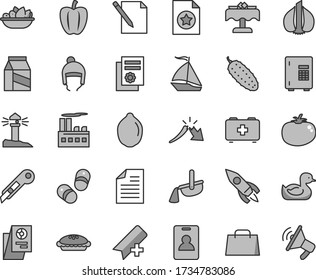 Thin line gray tint vector icon set - add bookmark vector, scribbled paper, rubber duck, bag of a paramedic, child shoes, winter hat, stationery knife, notes, package, pie, plate fruit, cucumber