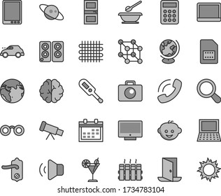 Thin line gray tint vector icon set - calendar vector, electronic thermometer e, plates and spoons, children's hairdo, door knob, interroom, radiator, camera, screen, volume, cocktail, weaving, zoom