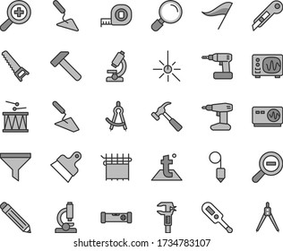 Thin line gray tint vector icon set - graphite pencil vector, zoom, out, wind direction indicator, electronic thermometer e, drumroll, trowel, building, cordless drill, hand saw, measuring tape