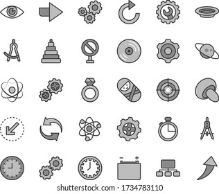 Thin line gray tint vector icon set - prohibition vector, clock face, right direction, renewal, clockwise, stacking toy, tumbler, cogwheel, gear, left bottom arrow, eye, timer, CD, porcini, plate