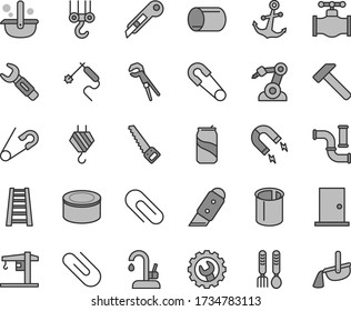 Thin line gray tint vector icon set - clip vector, safety pin, open, iron fork spoons, crane, hook, winch, adjustable wrench, arm saw, stepladder, ntrance door, gear, knife, stationery, hammer, pipe