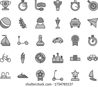 Thin line gray tint vector icon set - stopwatch vector, bath ball, motor vehicle, Kick scooter, child, car, pedestal, racer, retro, flame torch, winner, laurel branch, prize, pawn, star reward, aim