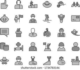 Thin line gray tint vector icon set - image of thought vector, hat, with glasses, funny hairdo, builder, workman, garden trolley, employee, index finger, pass card, operator, coins, racer, man, flag