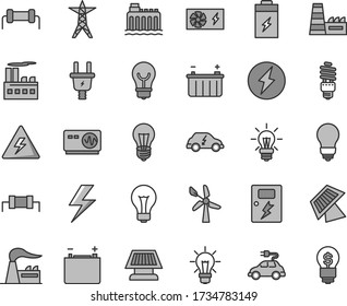 Thin line gray tint vector icon set - lightning vector, danger of electricity, matte light bulb, dangers, charging battery, wind energy, factory, accumulator, hydroelectricity, power line, saving