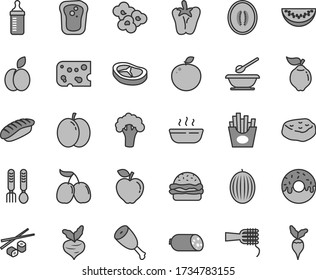 Thin line gray tint vector icon set - measuring bottle for feeding vector, plates and spoons, iron fork, sausage, piece of cheese, burger, noodles, glazed cake with a hole, hot porridge, bacon, meat