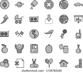 Thin line gray tint vector icon set - mark of injury vector, wind direction indicator, baby powder, carriage, bath ball, toy phone, colored air balloons, delete page, planet, move down, small fish