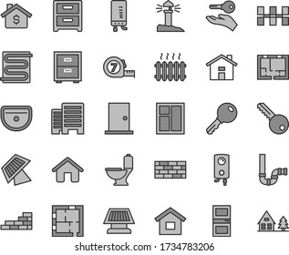 Thin line gray tint vector icon set - house vector, bedside table, dwelling, brickwork, brick wall, window, long meashuring tape, sink, toilet, siphon, laying out, lay of flat, key, ntrance door