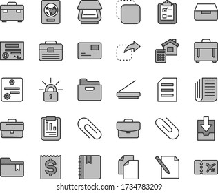 Thin line gray tint vector icon set - clip vector, briefcase, clean paper, download archive data, folder bookmark, portfolio, suitcase, estimate, notebook, case, pass card, drawer, notes, survey