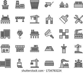 Thin line gray tint vector icon set - wicker pot vector, box of bricks, crane, hook, building trolley, small tools, paint roller, wooden brush, buildings, city block, tile, brick, putty knife, kiosk