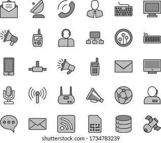 Thin line gray tint vector icon set - desktop microphone vector, monitor window, envelope, keyboard, horn, rss feed, toy mobile phone, employee, received letter, speech, screen, smartphone, big data