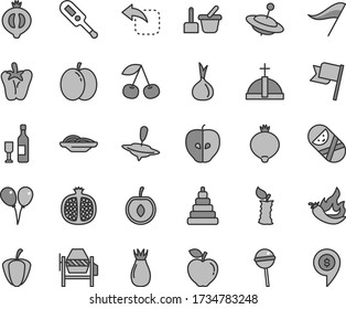 Thin line gray tint vector icon set - wind direction indicator vector, electronic thermometer e, stacking toy, tumbler, sand set, yule, small, colored air balloons, concrete mixer, flag, move left