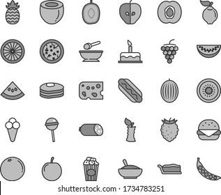 Thin line gray tint vector icon set - deep plate with a spoon vector, cake, sausage, piece of cheese, pizza, Hot Dog, big burger, slice, bowl rice porridge, Chupa Chups, cup popcorn, cone, pancakes