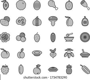 Thin line gray tint vector icon set - deep plate with a spoon vector, mushroom, pie, bowl of buckwheat porridge, milk, chicken leg, thigh, cabbage, omelette, apple, peach, ripe, squash, blackberry