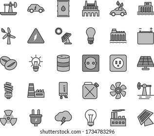 Thin line gray tint vector icon set - matte light bulb vector, saving, power socket type b, electronic boiler, storm cloud, coffee beans, marine propeller, solar panel, big, oil derrick, working