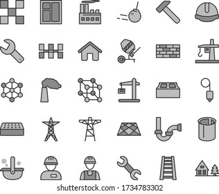 Thin line gray tint vector icon set - repair key vector, house, builder, workman, brickwork, concrete mixer, window, stepladder, sewerage, tile, ceramic tiles, construction helmet, brick, plummet