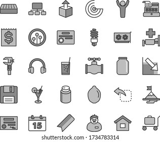 Thin line gray tint vector icon set - bookmark vector, negative chart, powder, dwelling, brick, calendar, unpacking, move left, a glass of soda, lime, valve, energy saving bulb, caliper, jar, scheme