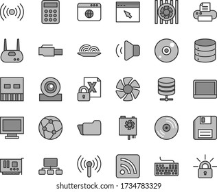 Thin line gray tint vector icon set - floppy disk vector, monitor window, keyboard, rss feed, CD, big data, server, volume, onion, scheme, calculator, notebook pc, fan, radiator, encrypting, card