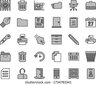 Thin line gray tint vector icon set - daily calendar vector, wicker pot, graphite pencil, clean paper, graph, storage unit, ntrance door, stationery knife, folder, nightstand, operator, briefcase